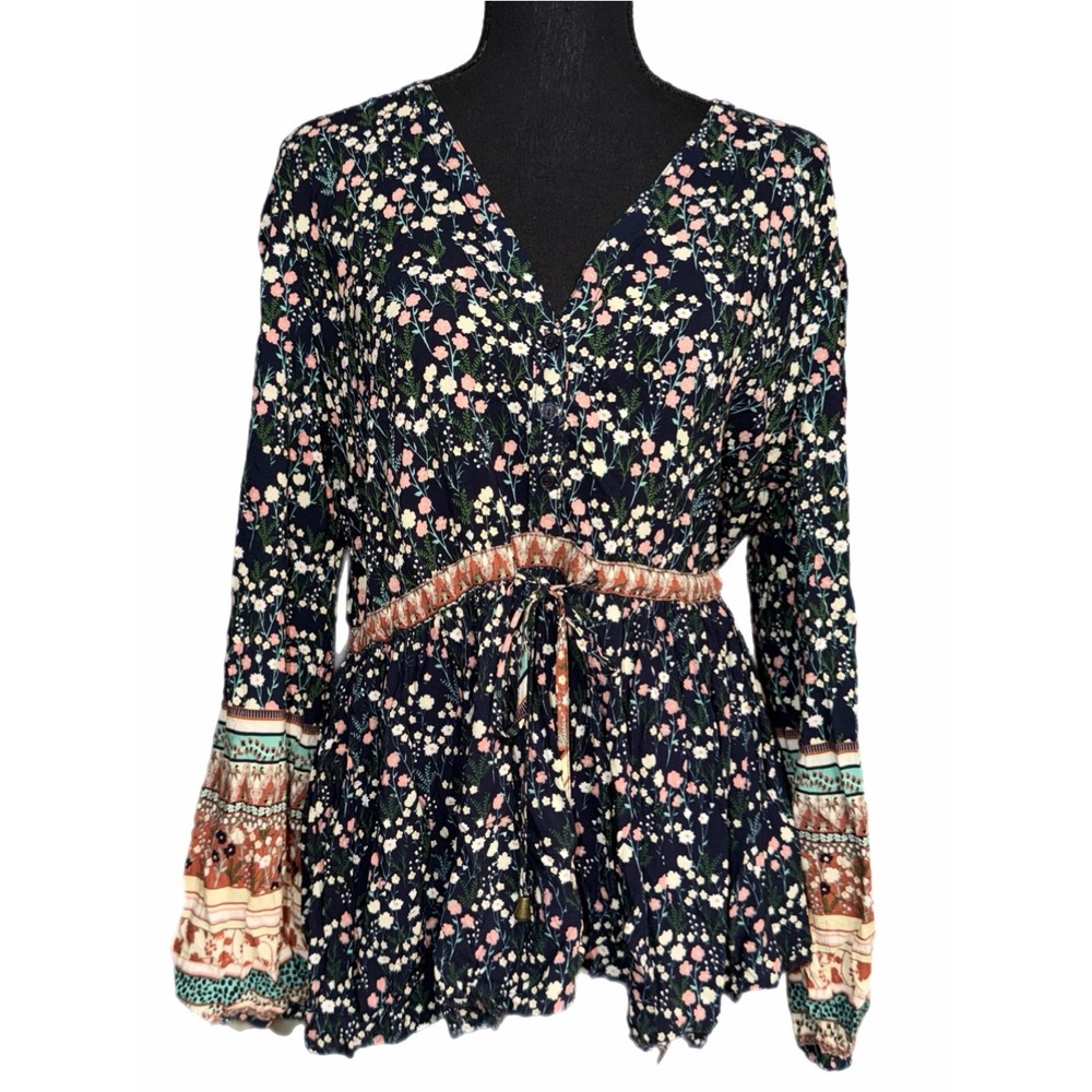 Janse Handshaped in the Shed Floral Boho Blouse Navy Blue XL Drawstring Waist